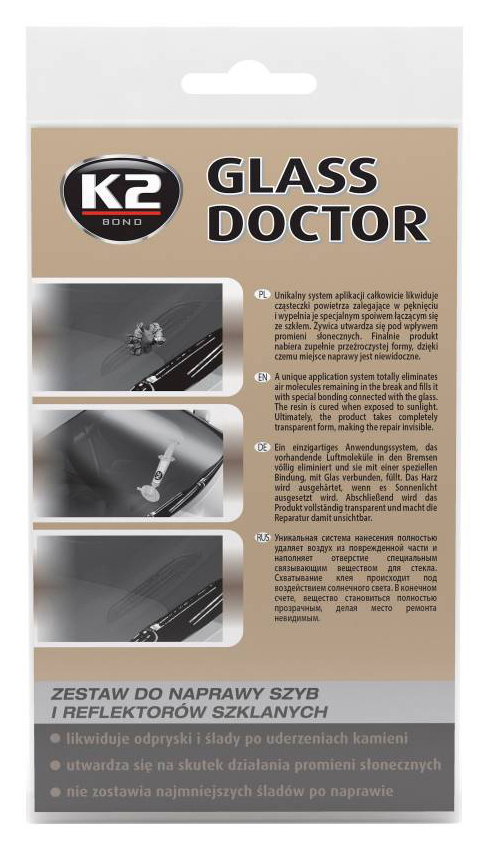 K2 GLASS DOCTOR 0,8 ml - sada na opravu čelního skla a světlometů_0